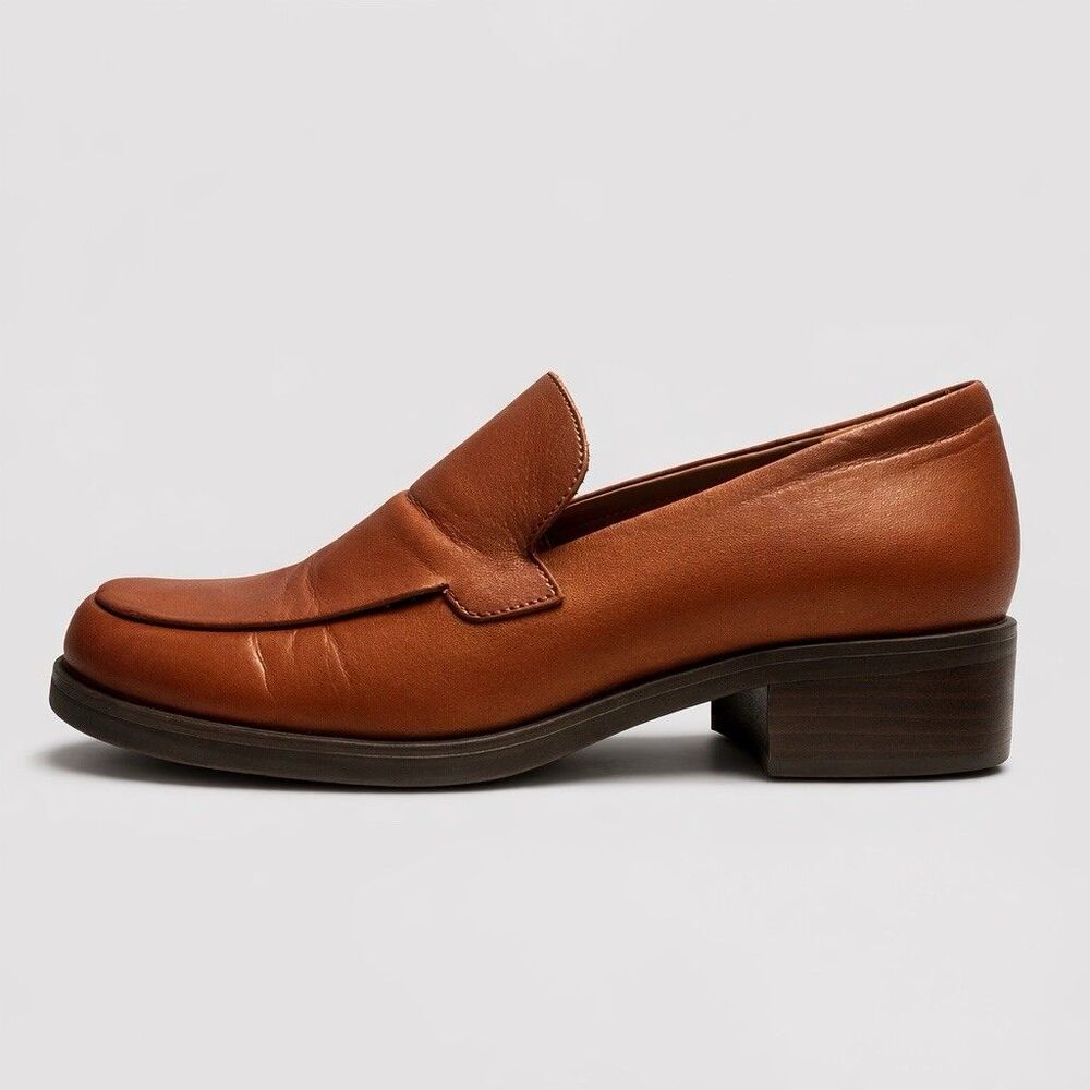 Franco Sarto Leather Loafers Womens Slip On Square Toe Cognac Block Heel Comfort